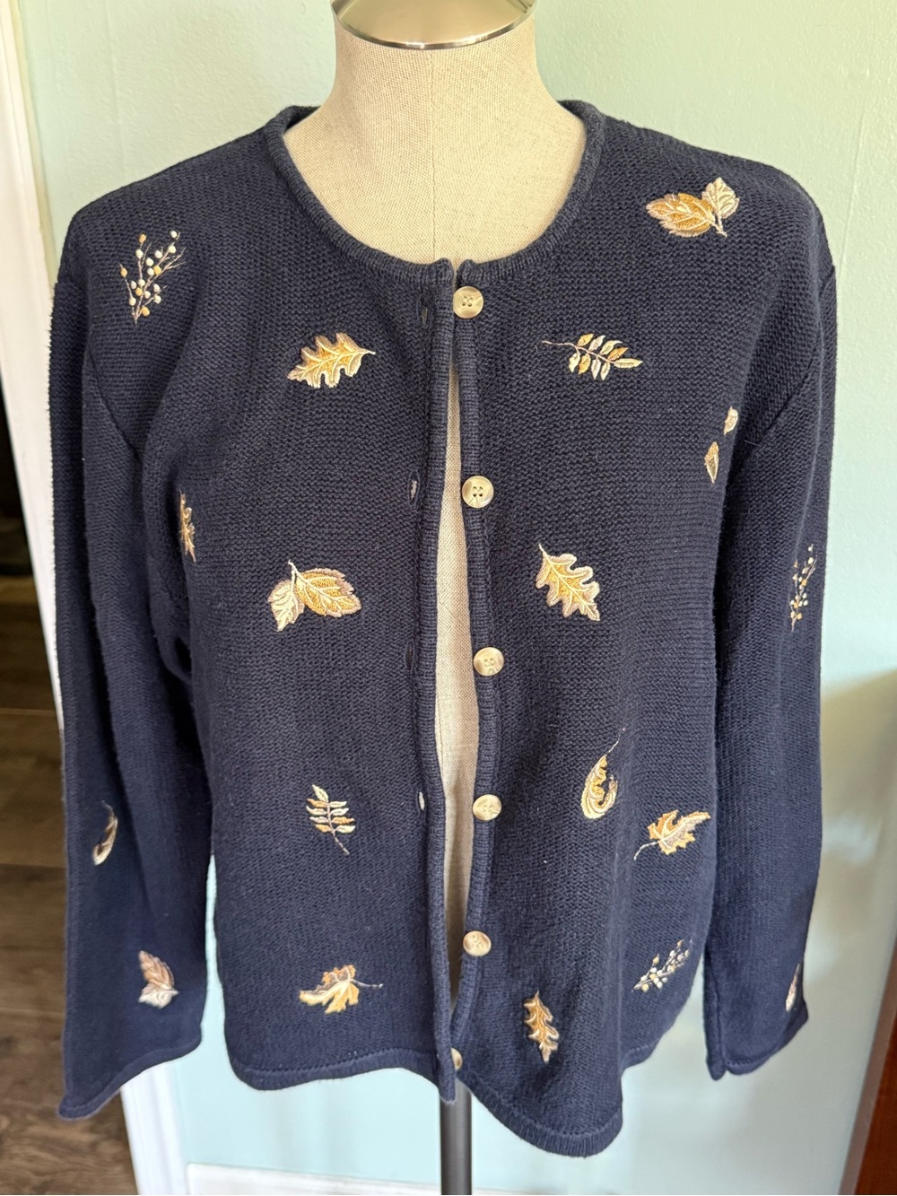 Christopher & Banks Blue Fall Leaves Embroidered Cardigan Sweater Size Large